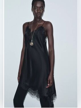 Asymmetric Lace-Trim Slip Dress